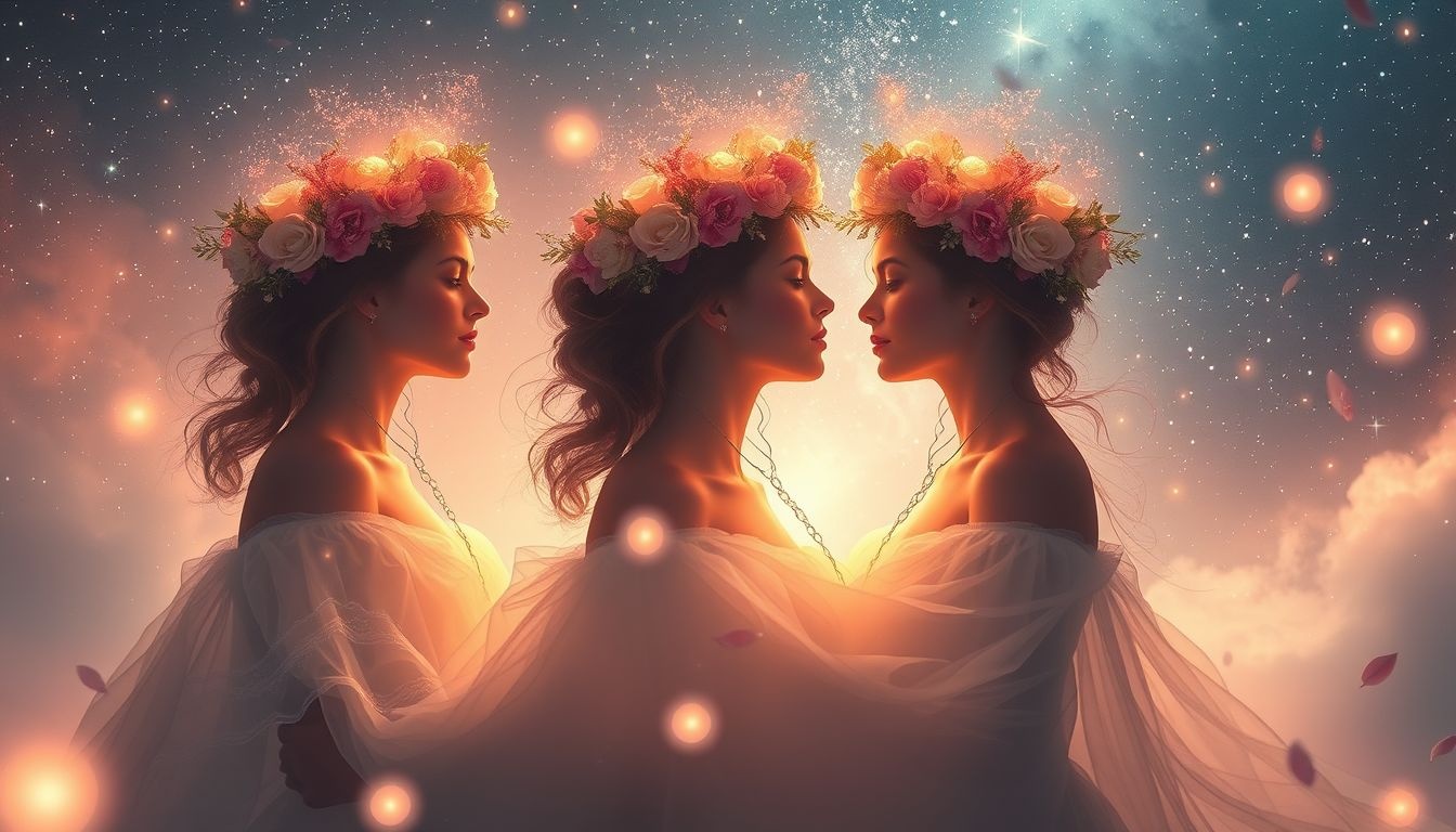 Un couronnement de fleurs symbolise triomphe et épanouissement personnel.