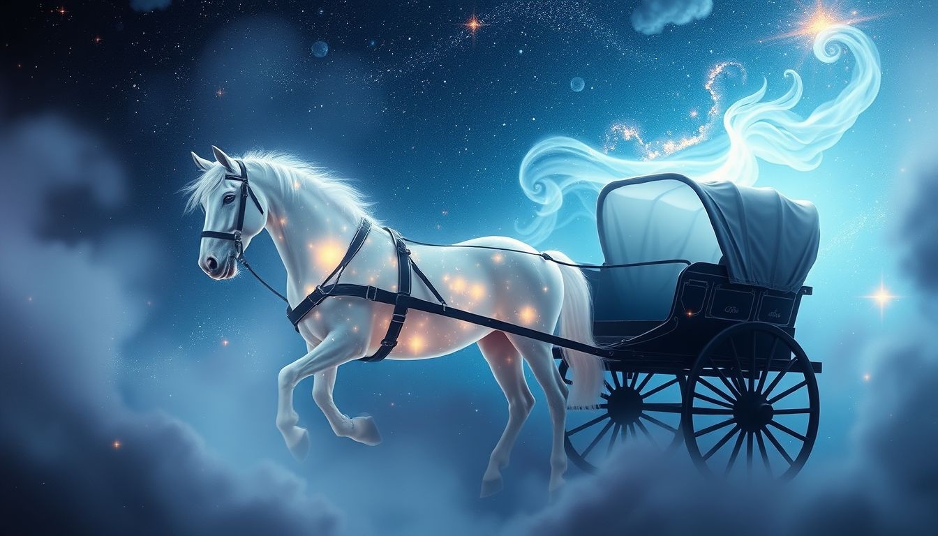 Un cheval de diligence attelé symbolise le voyage vers soi-même.
