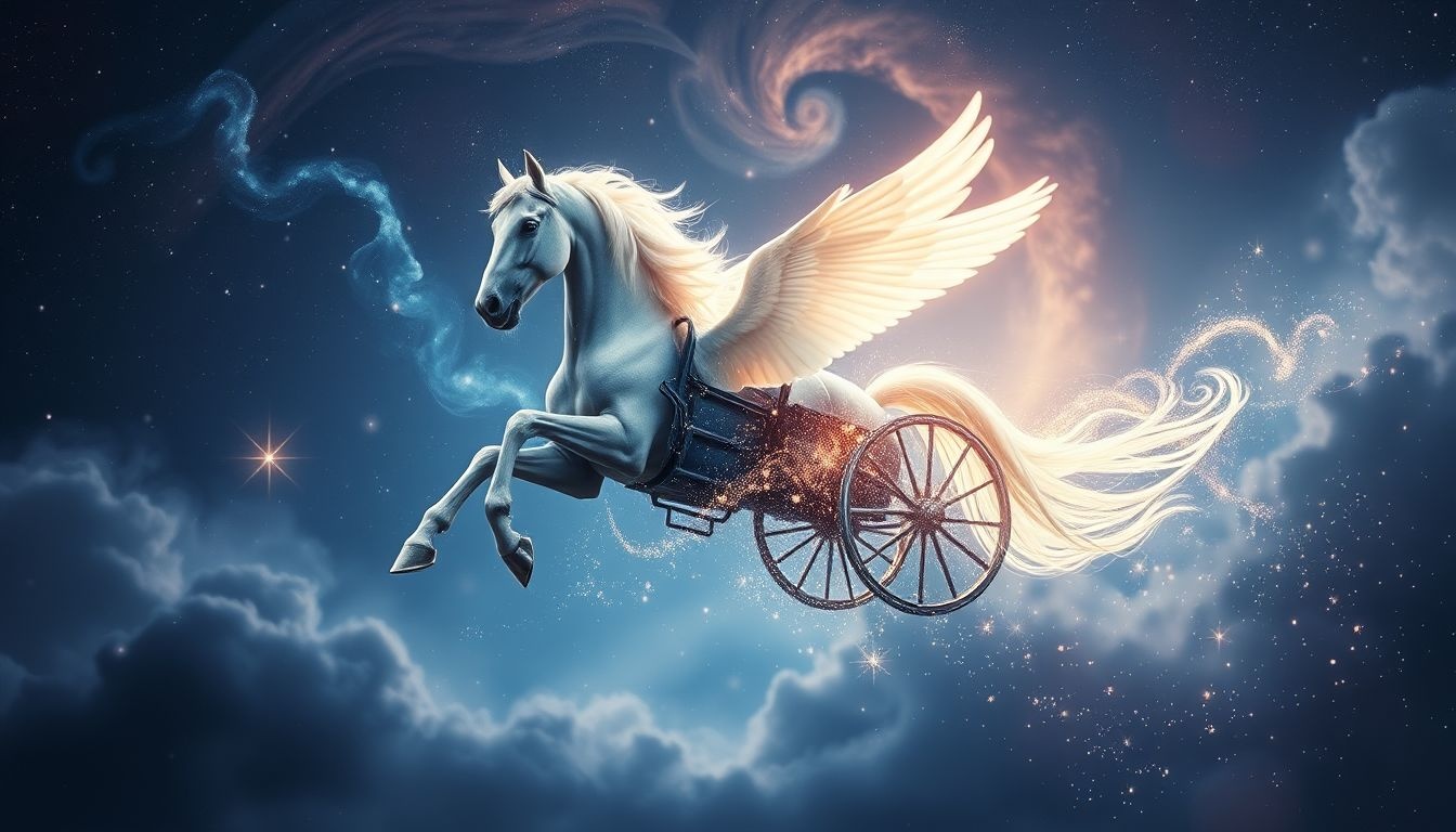 Le cheval de diligence volant symbolise une évasion rapide et magique.