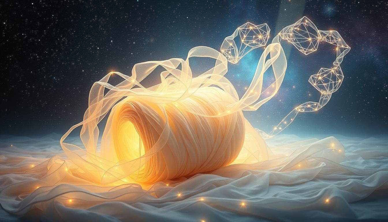 La bale de tissu symbolise l’évolution intérieure et le renouveau.