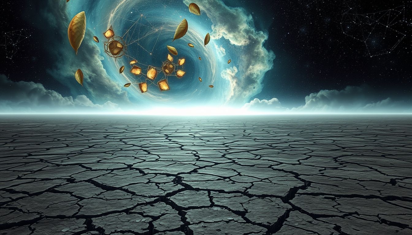 La plaine alluviale aride symbolise stérilité et lutte intérieure.