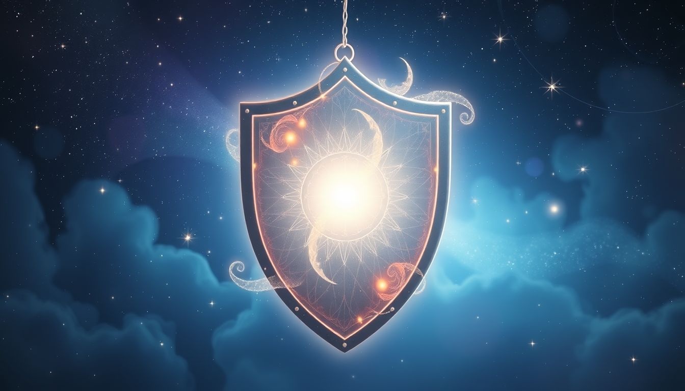 Un bouclier parlant symbolise l'intuition guidant votre protection intérieure.