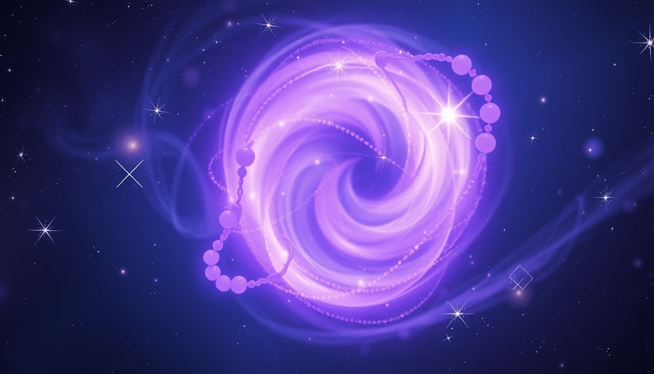 Un chapelet violet symbolise intuition profonde et transformation spirituelle.