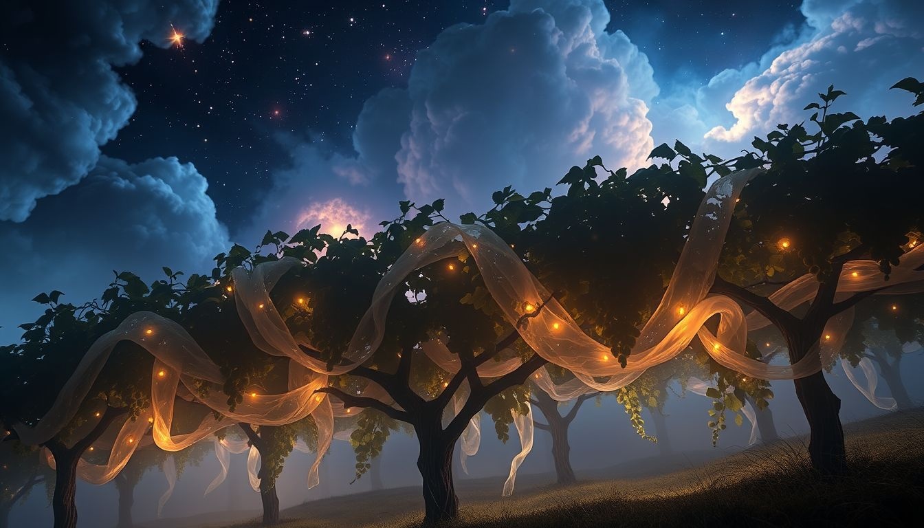 Rêver d'un vignoble nocturne révèle des secrets intérieurs profonds.