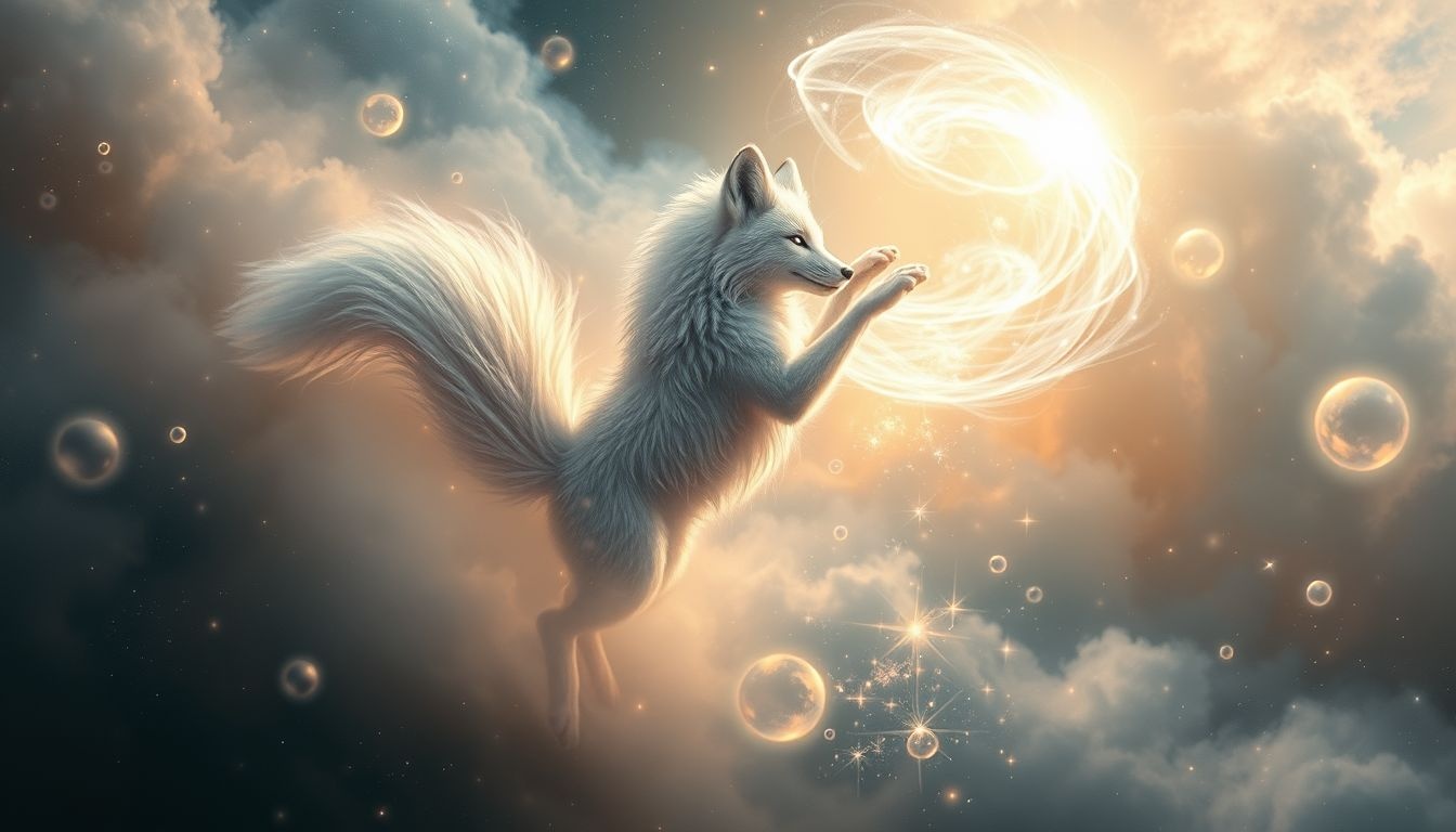 Le renard argenté dansant symbolise astuce et transformation spirituelle.