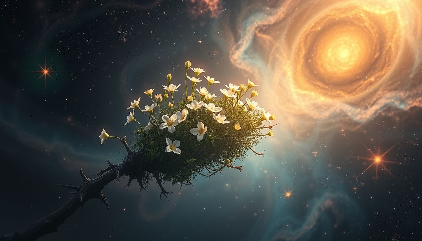 Le buisson épineux en fleurs symbolise la beauté au-delà des obstacles.