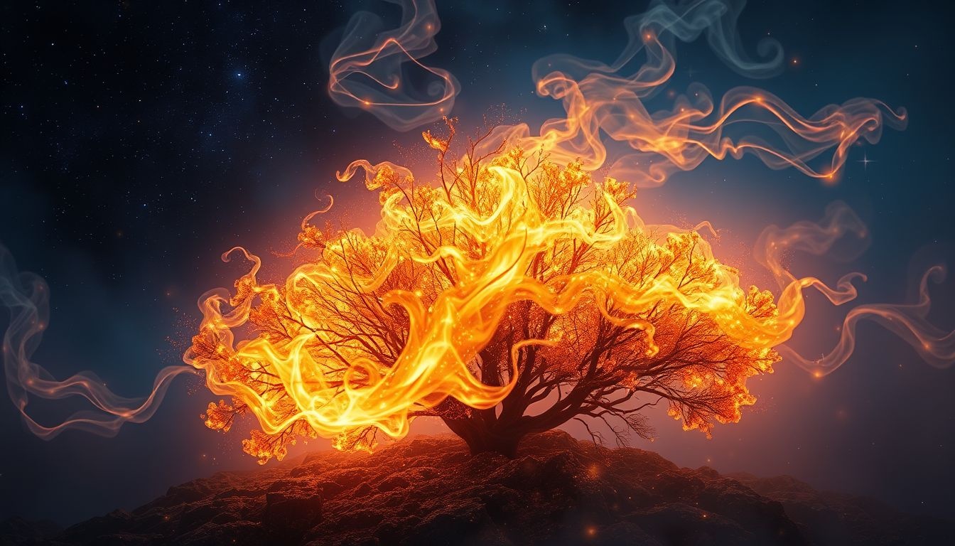 Le buisson en feu symbolise une transformation puissante et dangereuse.