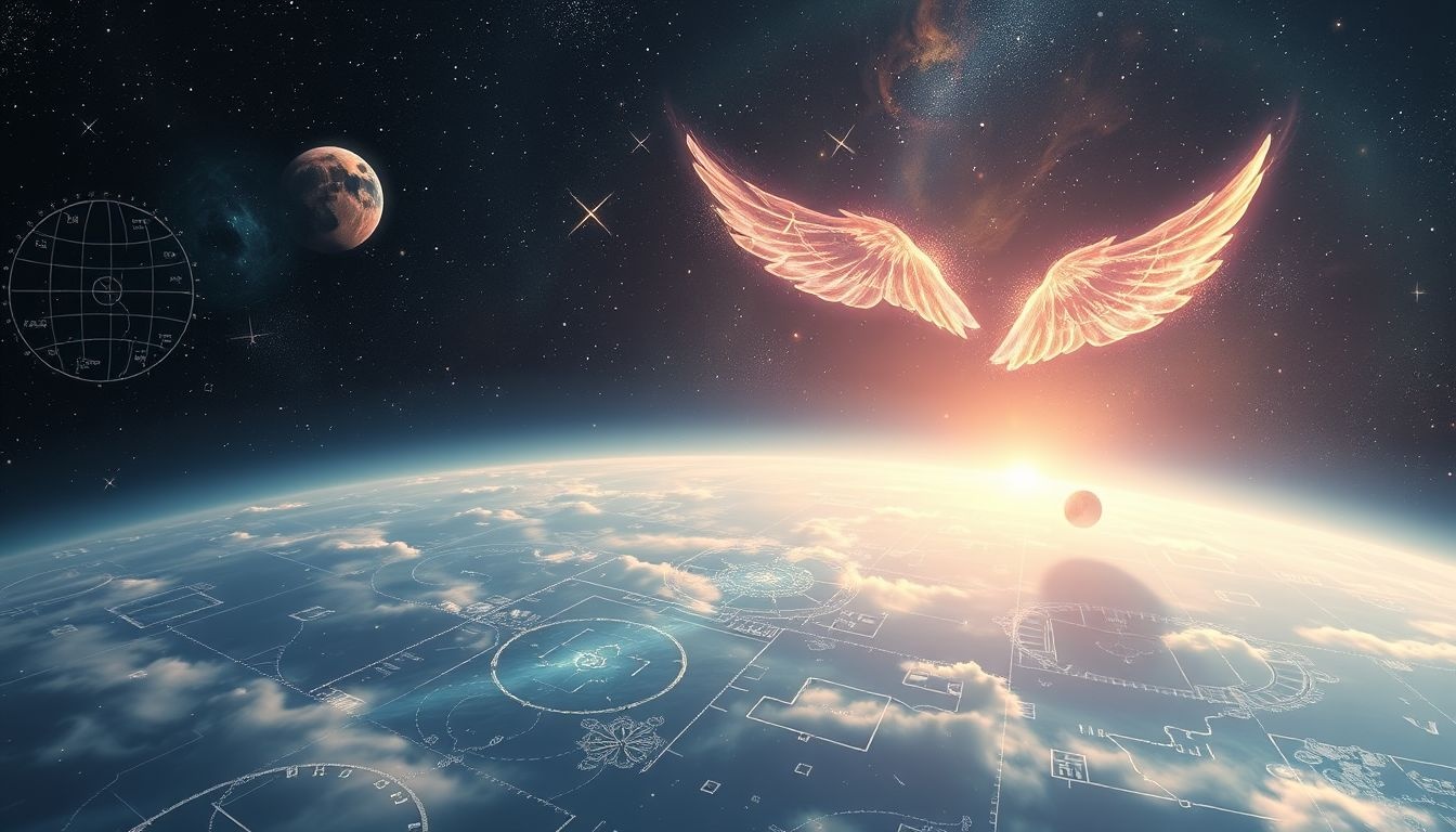 Voler au-dessus d’une carte céleste symbolise une vision globale spirituelle.