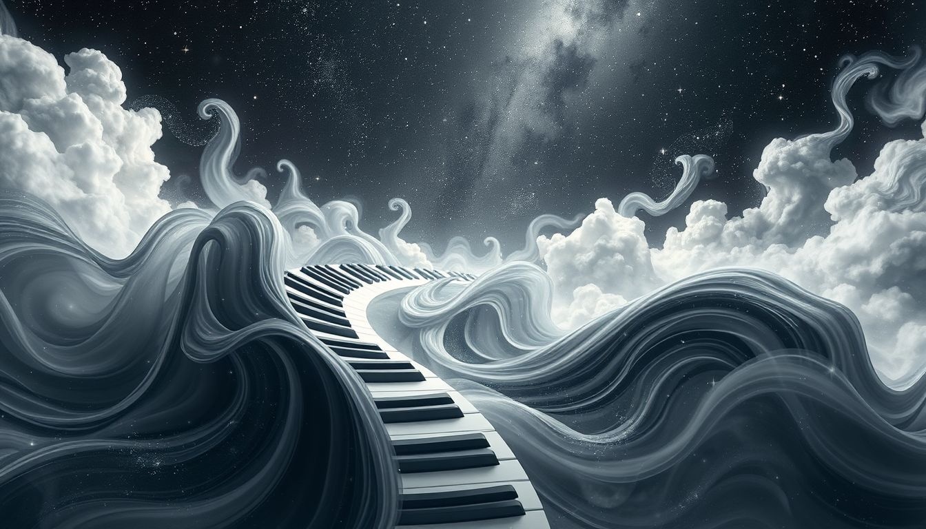 Le noir et blanc du piano symbolisent équilibre et dualité émotionnelle.
