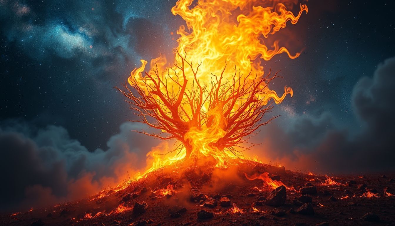Rêver d’un buisson en feu symbolise destruction suivie de renaissance.