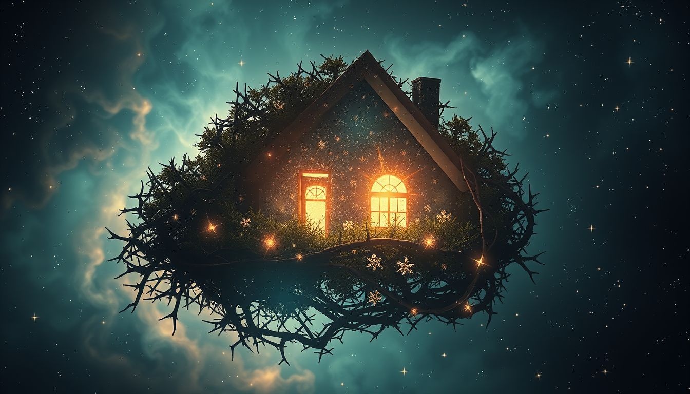 Un buisson épineux près de la maison symbolise la protection familiale.