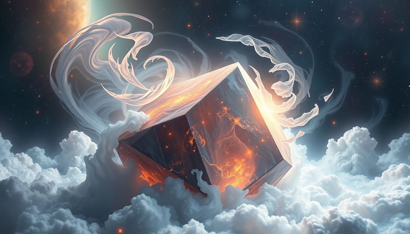 Une pierre cubique se métamorphose, symbole de transformation intérieure profonde.