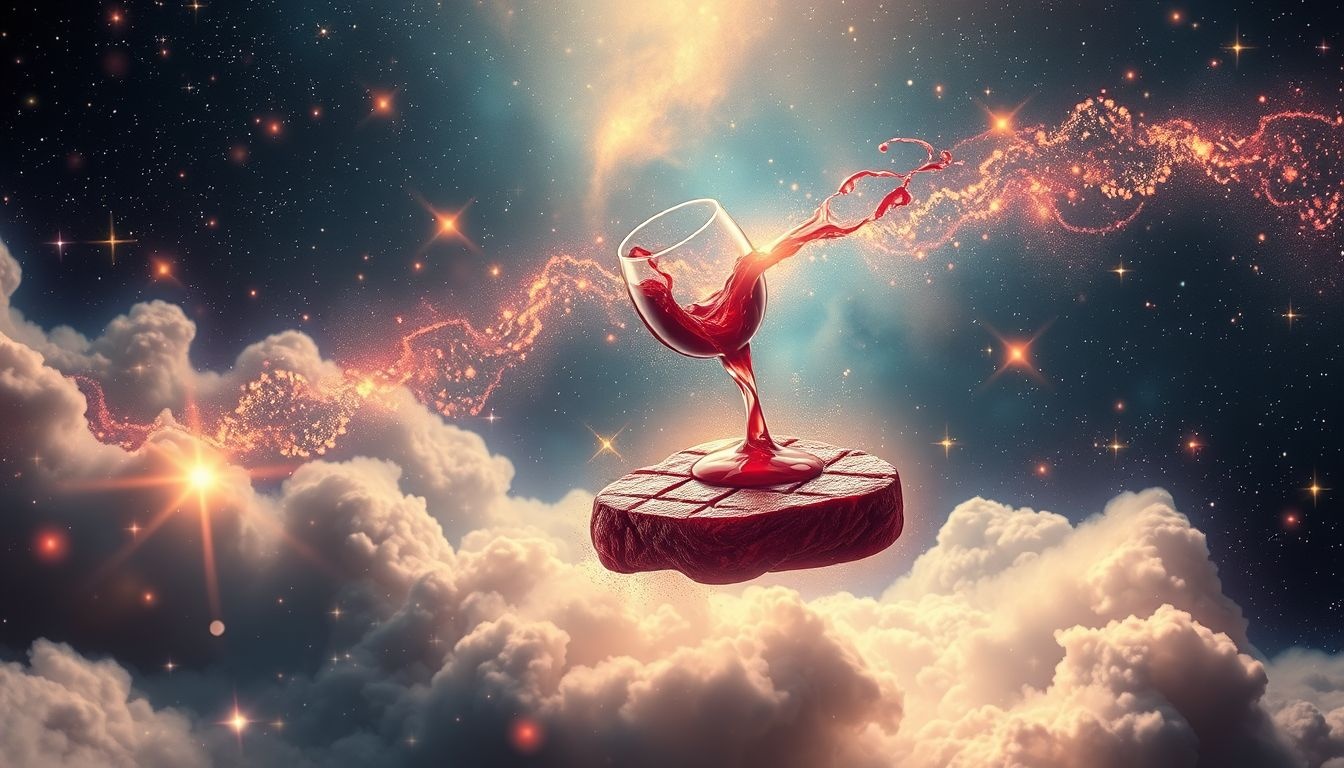 Rêver de bifteck et vin symbolise souvent la fête et prospérité.