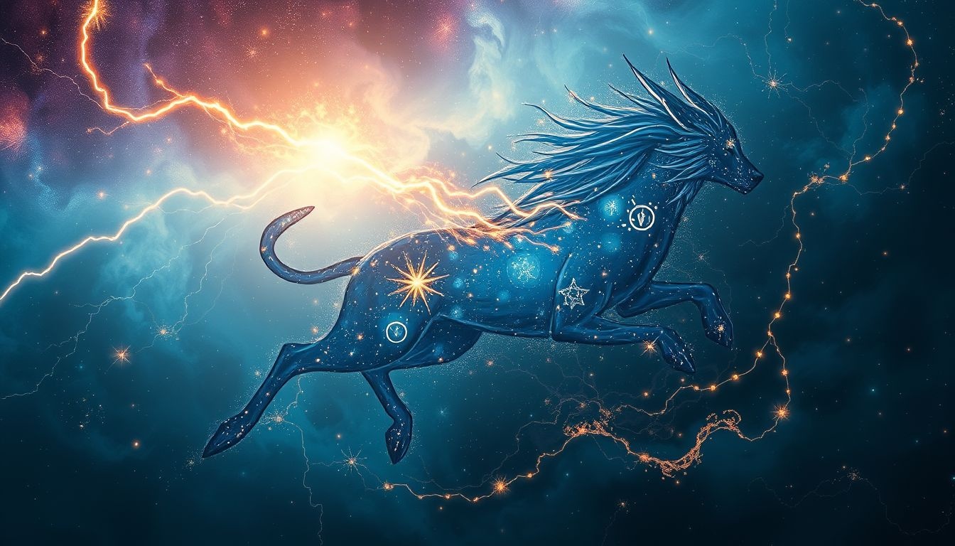 La foudre symbolise l’intuition puissante frappant nos instincts animaux.