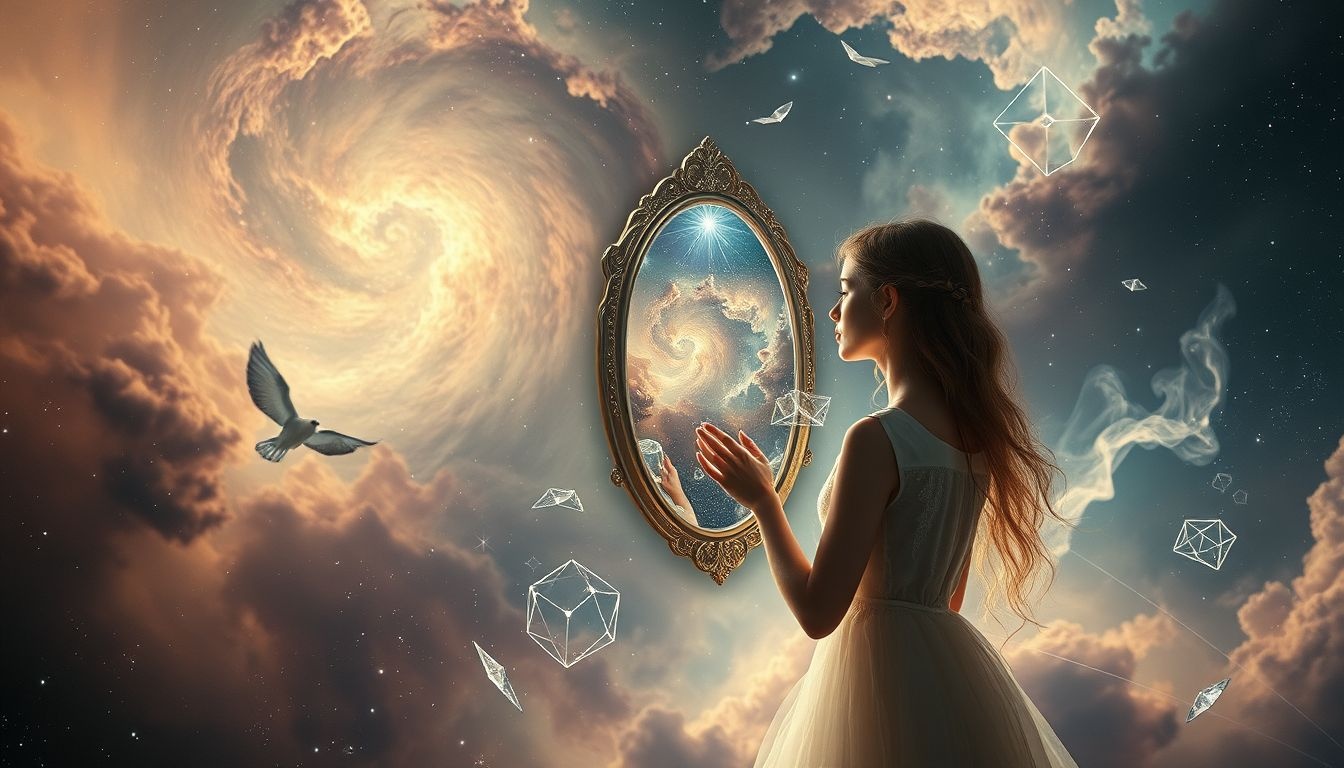 Se voir dans un miroir révèle souvent l’auto-réflexion intérieure profonde.