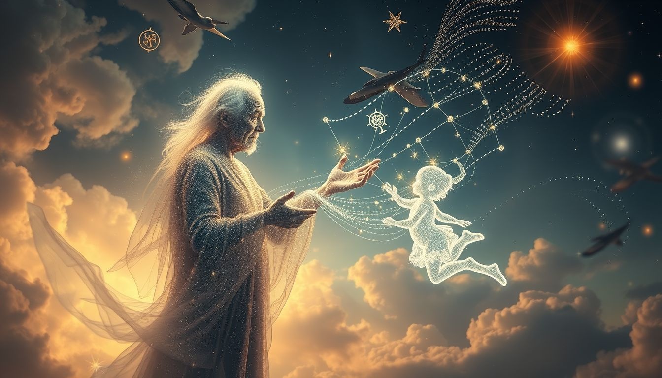 Le vieil homme symbolise la transmission sage des savoirs anciens.