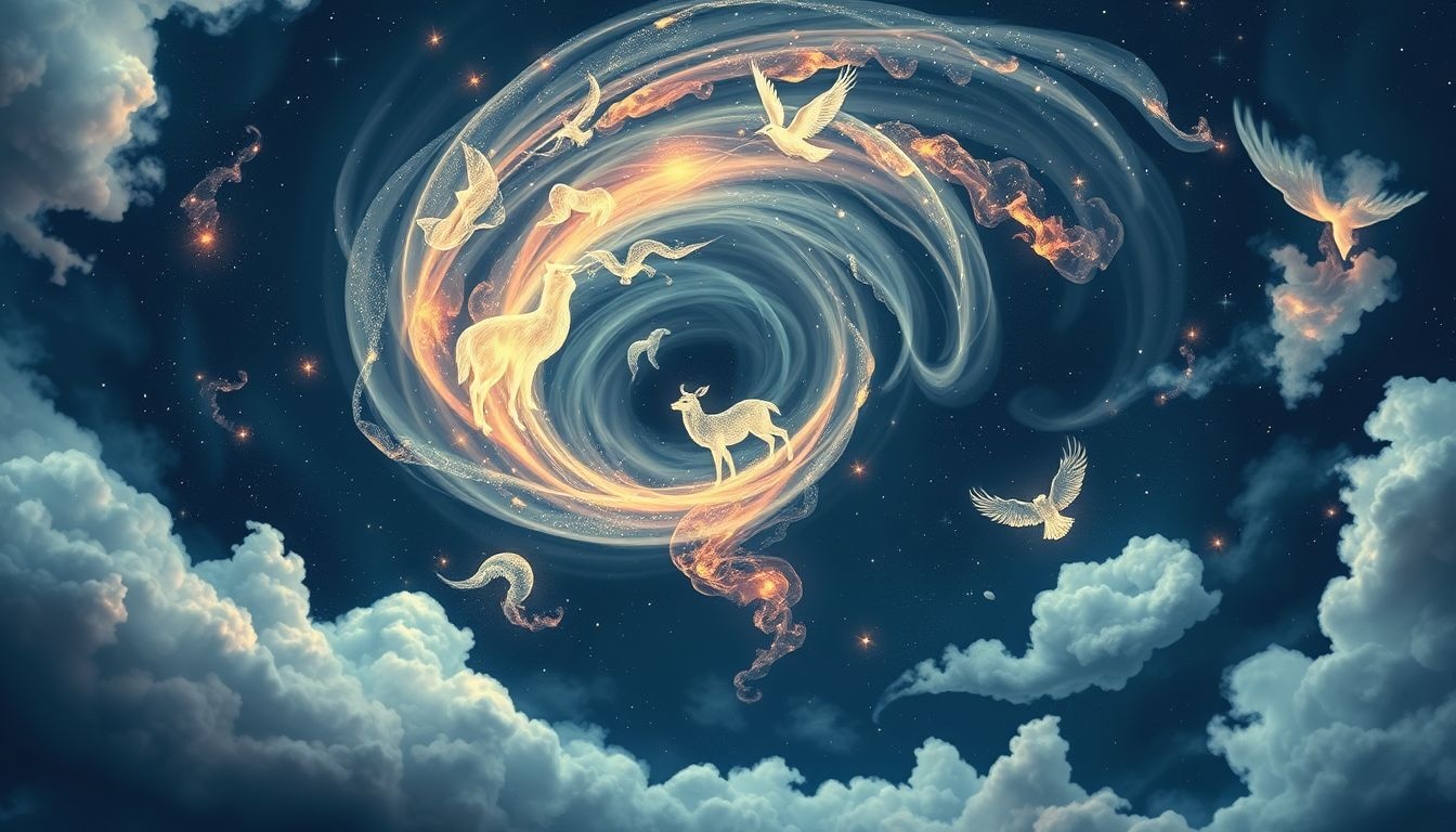 Les animaux dans les tornades symbolisent souvent chaos et transformation intérieure.