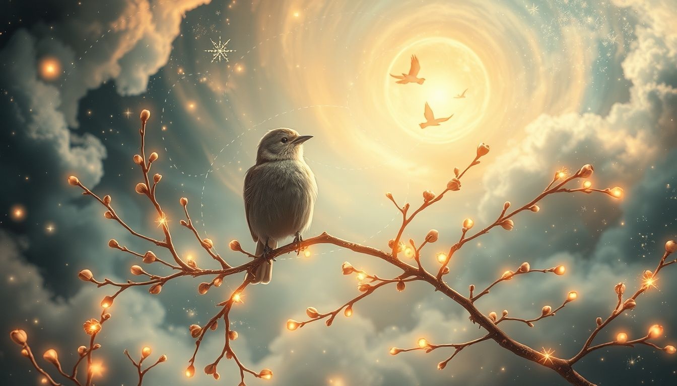 Un oiseau dans un noisetier symbolise liberté et messages inspirants.
