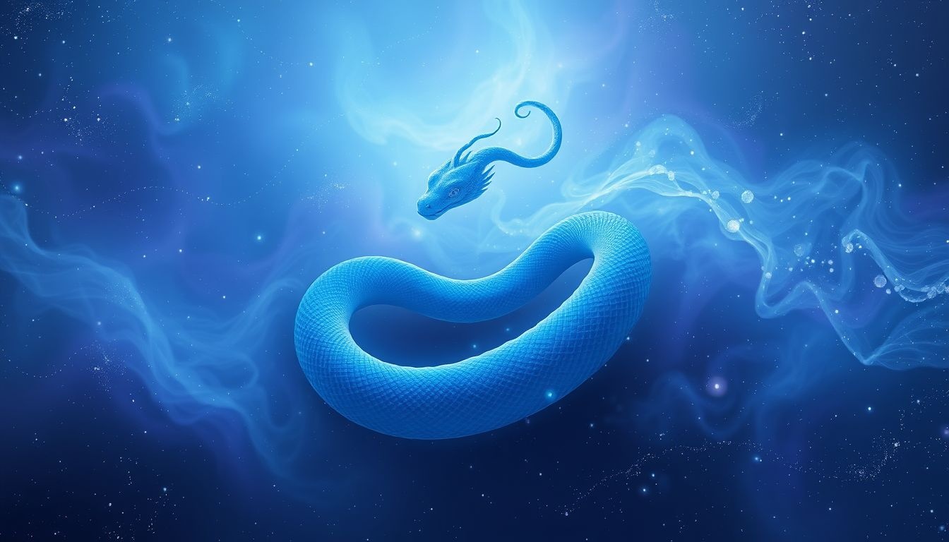 Un serpent bleu mordeur symbolise intuition profonde et sérénité intérieure.