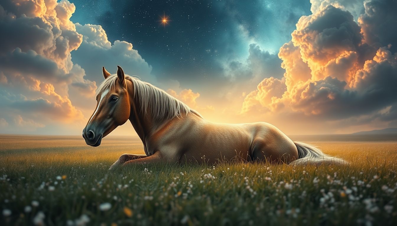 Un vieux cheval dans un champ symbolise sérénité et sagesse profonde.