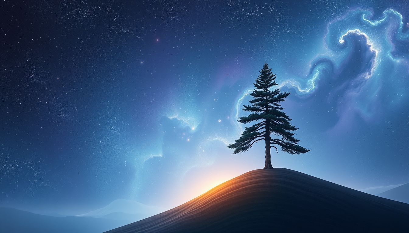 Le conifère isolé symbolise une force calme et une indépendance durable.