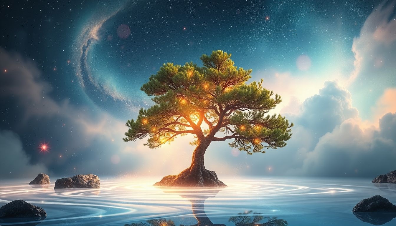 Le conifère près de l'eau symbolise l'intuition et la guérison émotionnelle.