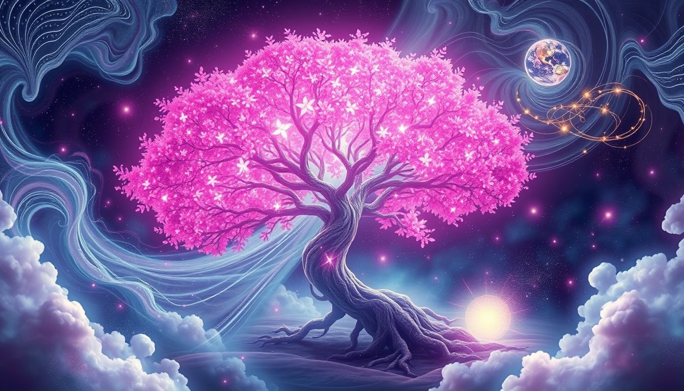 Rêver d'un arbre magenta symbolise transformation spirituelle profonde.