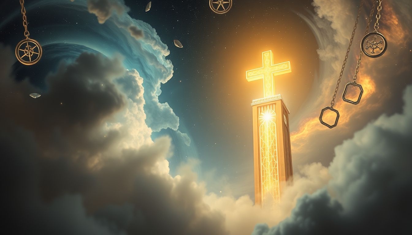 Un clocher avec croix symbolise foi, sacrifice et rédemption profonde.