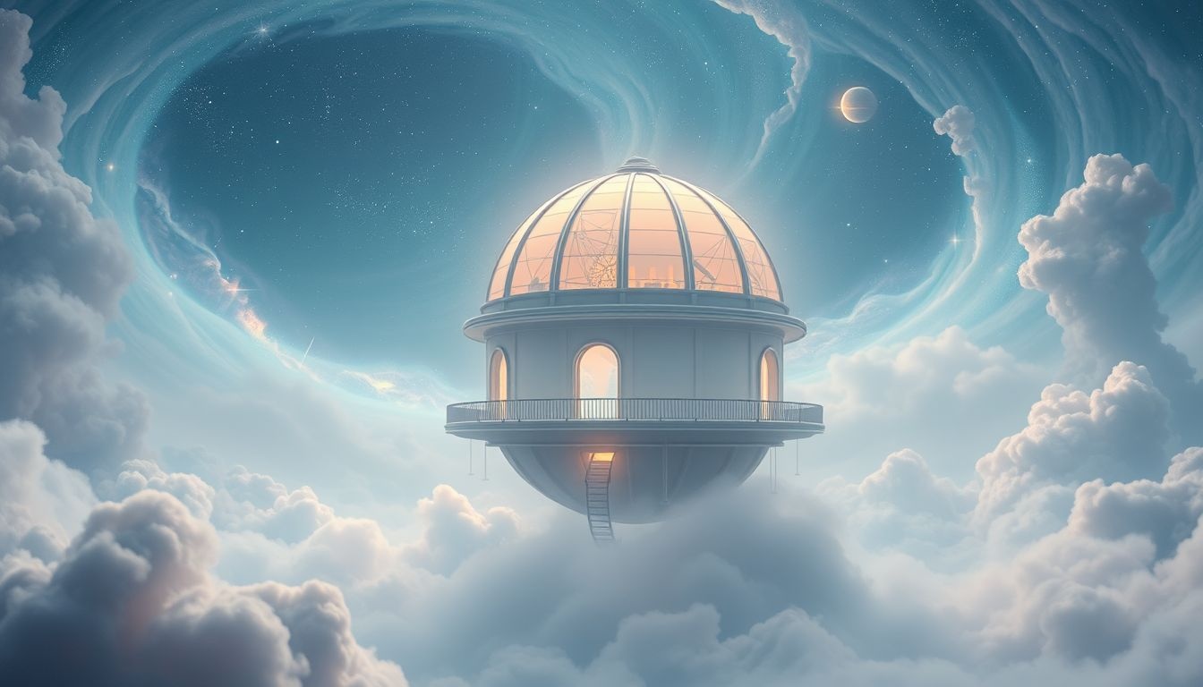 Un observatoire flottant symbolise une vision élargie et cosmic.