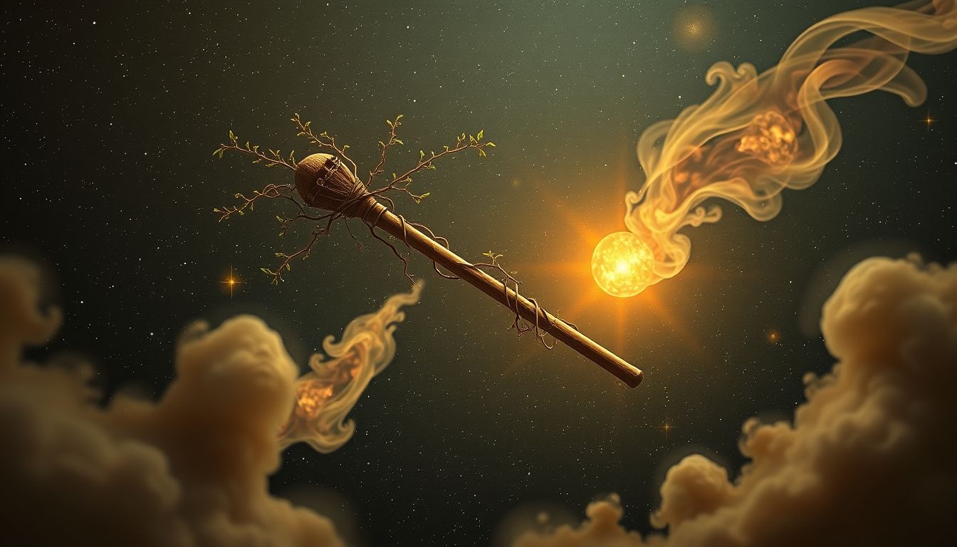 Un sceptre en bois symbolise l'humilité et la sagesse naturelle.