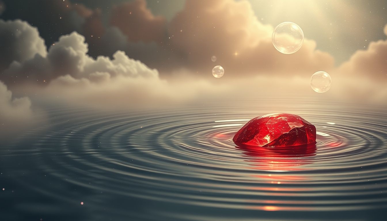 Rêver d'une pierre de sang dans l'eau symbolise purification émotionnelle profonde.