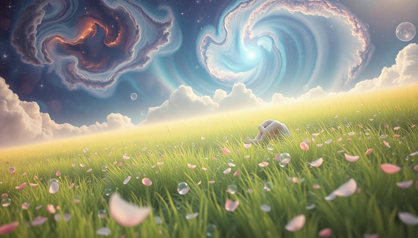 S'allonger dans un champ d'herbe symbolise paix intérieure et renouveau.