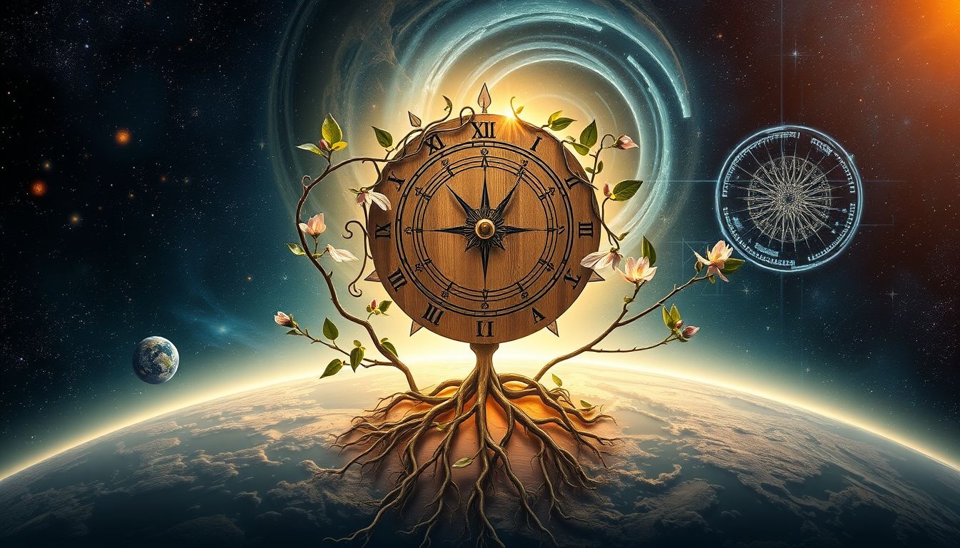Un cadran solaire en bois symbolise l'harmonie entre temps et nature.