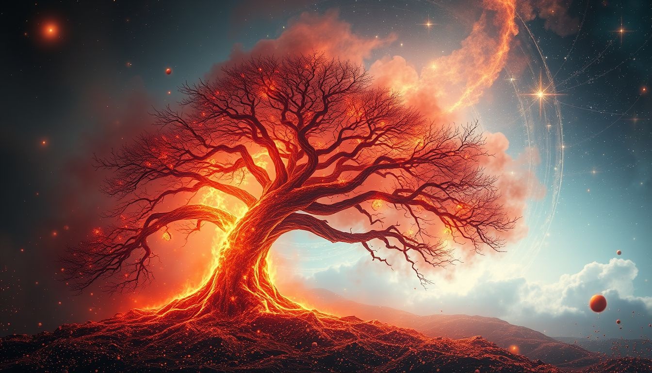 Un arbre en feu symbolise souvent purification mais aussi renouveau profond.