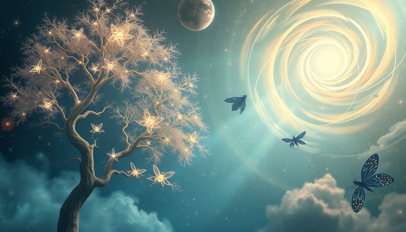 Les arbres et insectes symbolisent souvent la transformation et la connexion spirituelle.