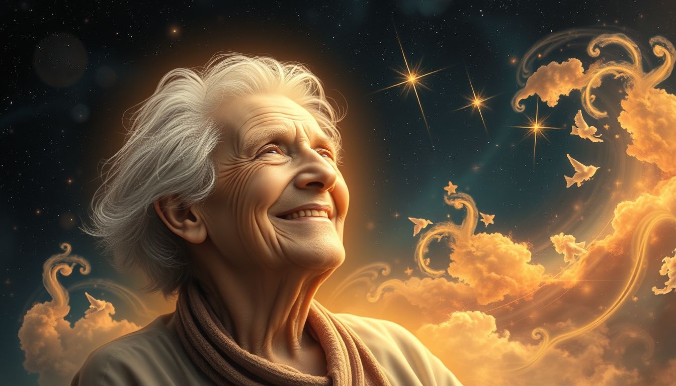 Rêver d'une personne âgée heureuse symbolise paix intérieure et sagesse.