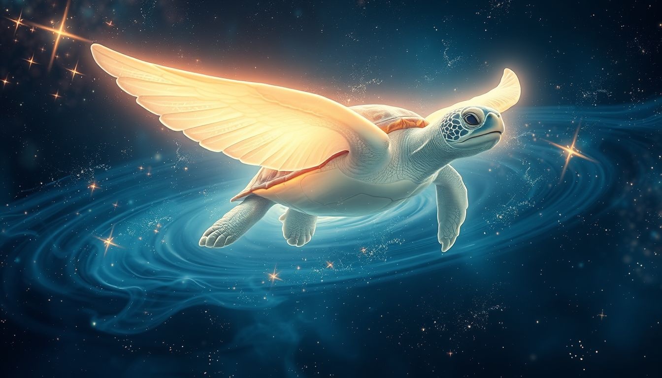 Rêver d’une tortue volante symbolise l’élévation spirituelle et liberté.