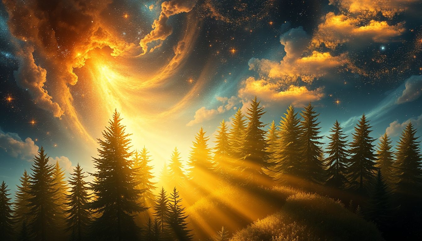 Les conifères illuminés symbolisent l’espoir et la prospérité solaire.