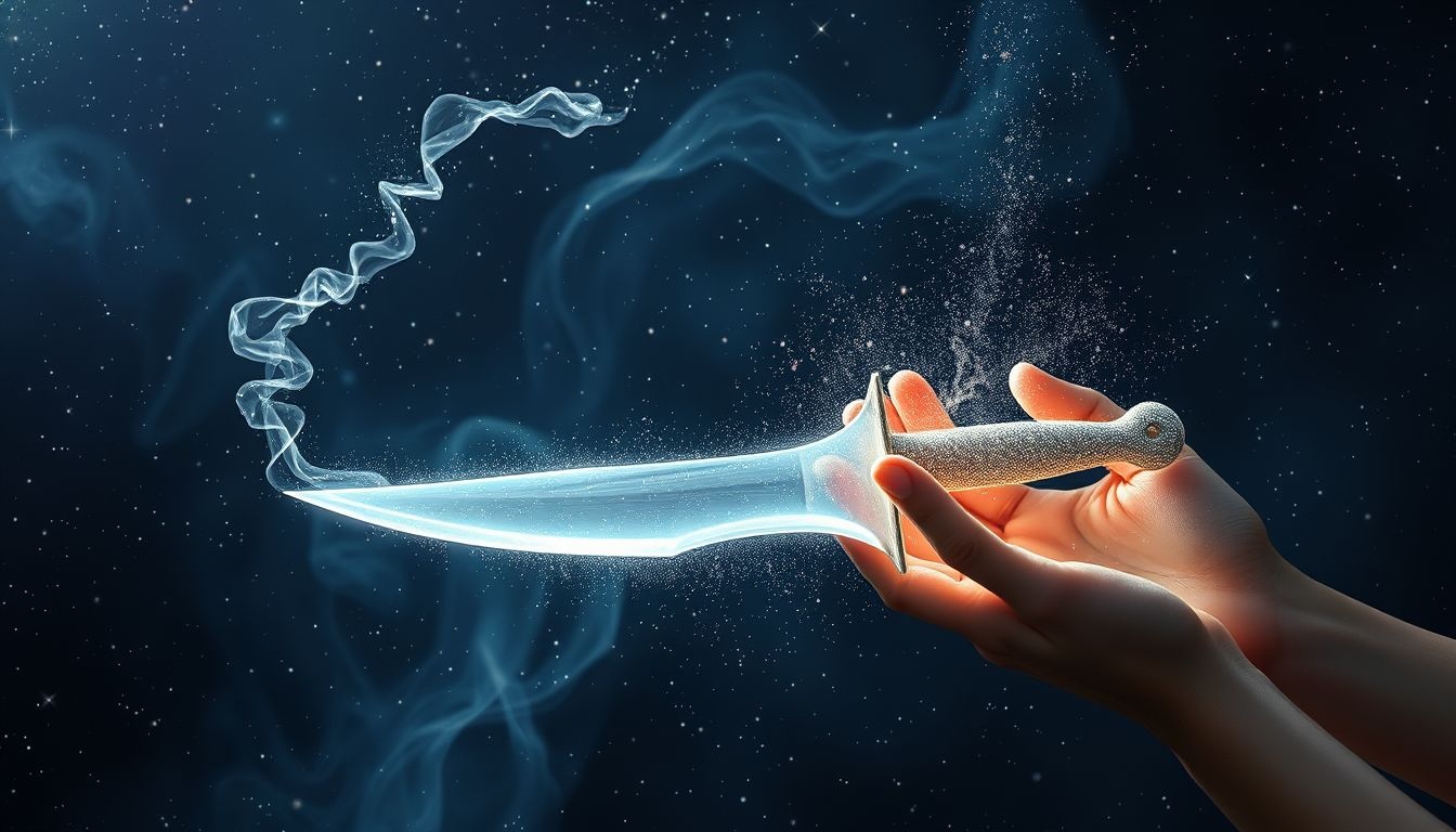 Rêver de nettoyer une dague symbolise purification et clarté intérieure.