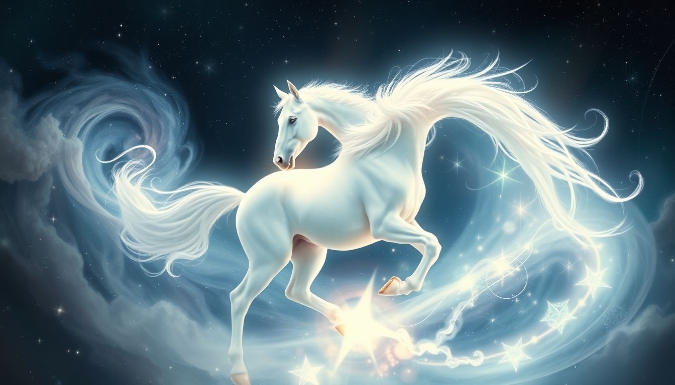 L'étalon blanc symbolise pureté, spiritualité et potentiel infini.