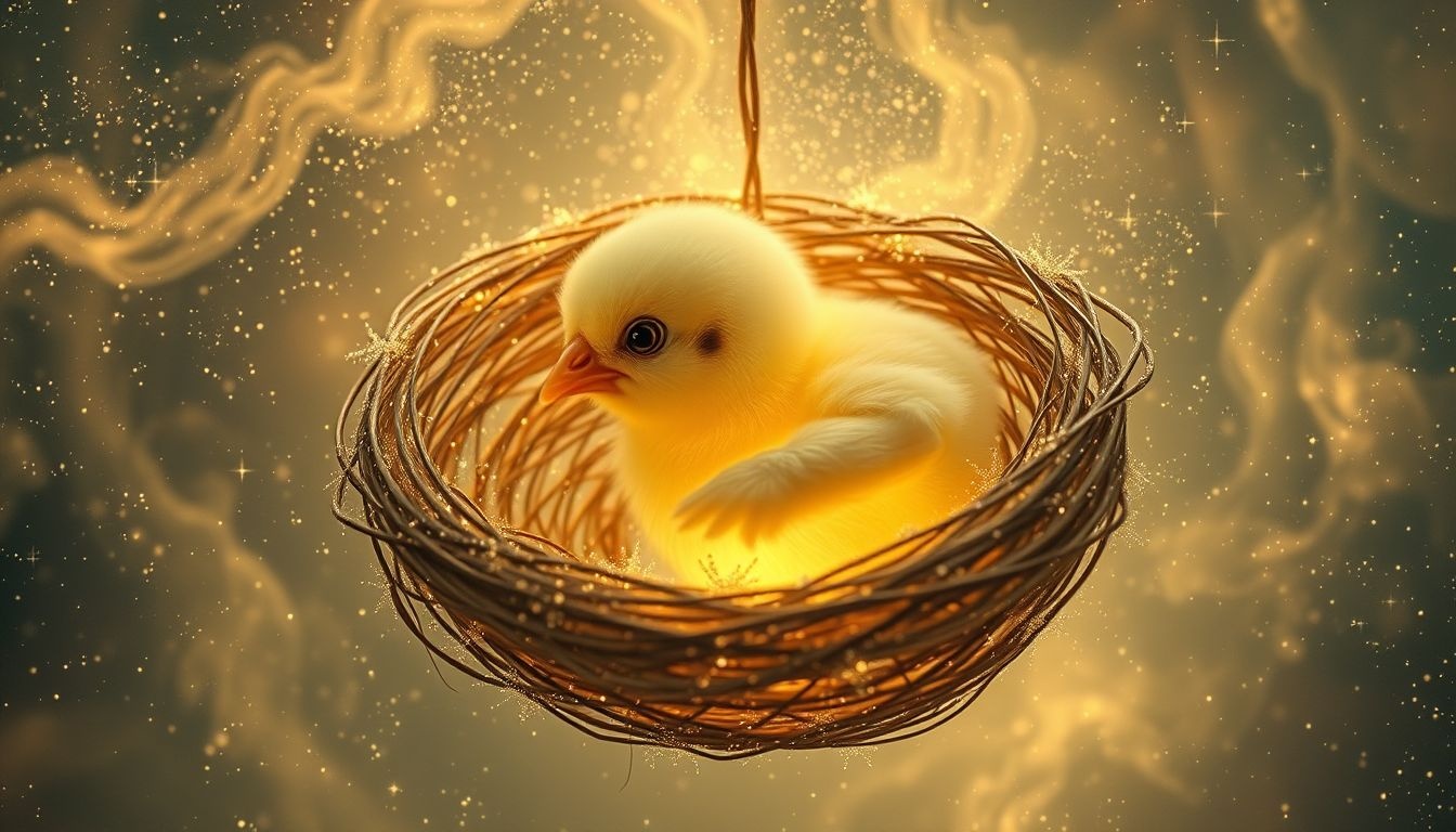 Le poussin symbolise l'innocence fragile et le besoin de sécurité.