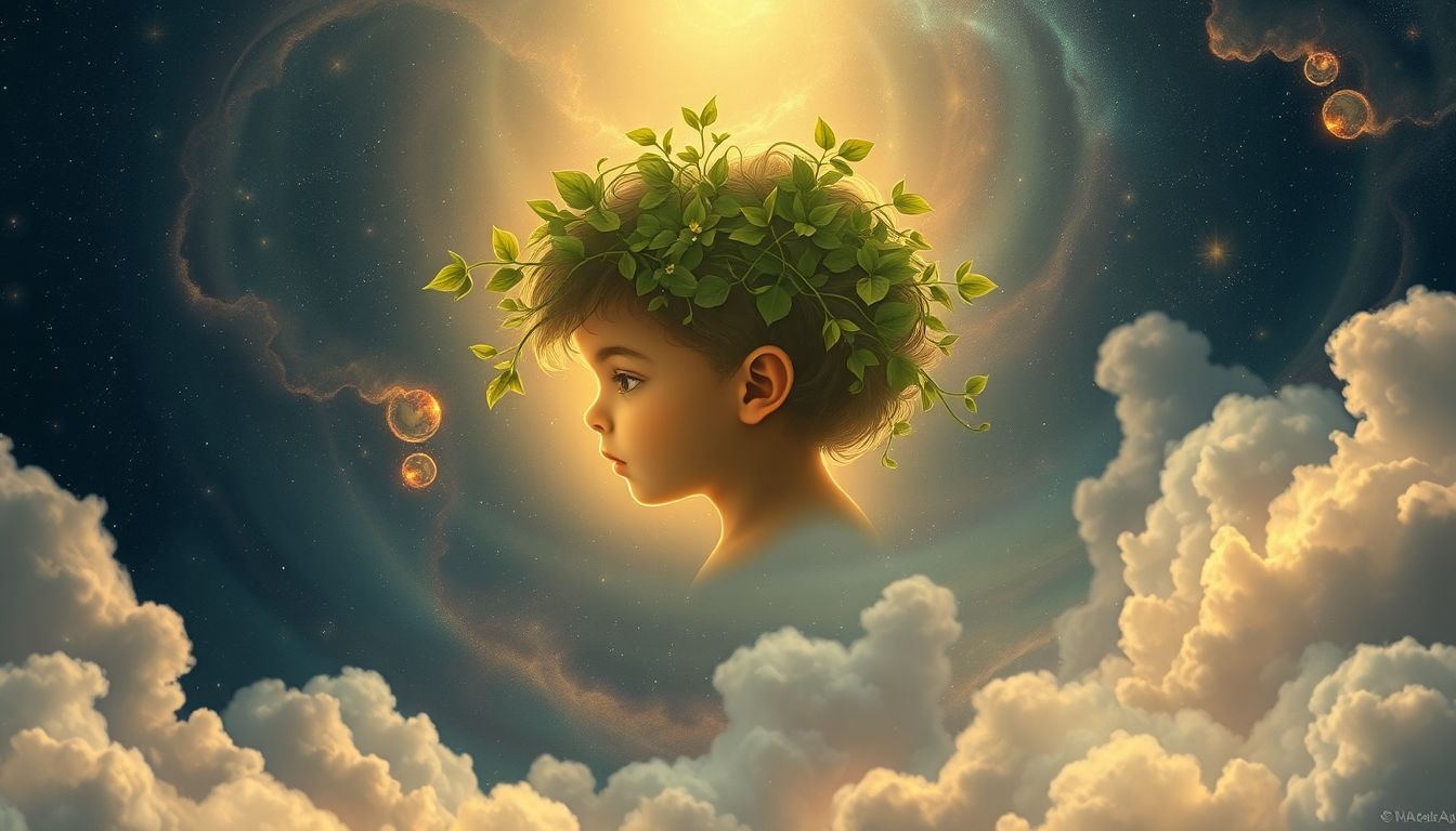 Une couronne de lierre sur un enfant symbolise l'innocence prometteuse.