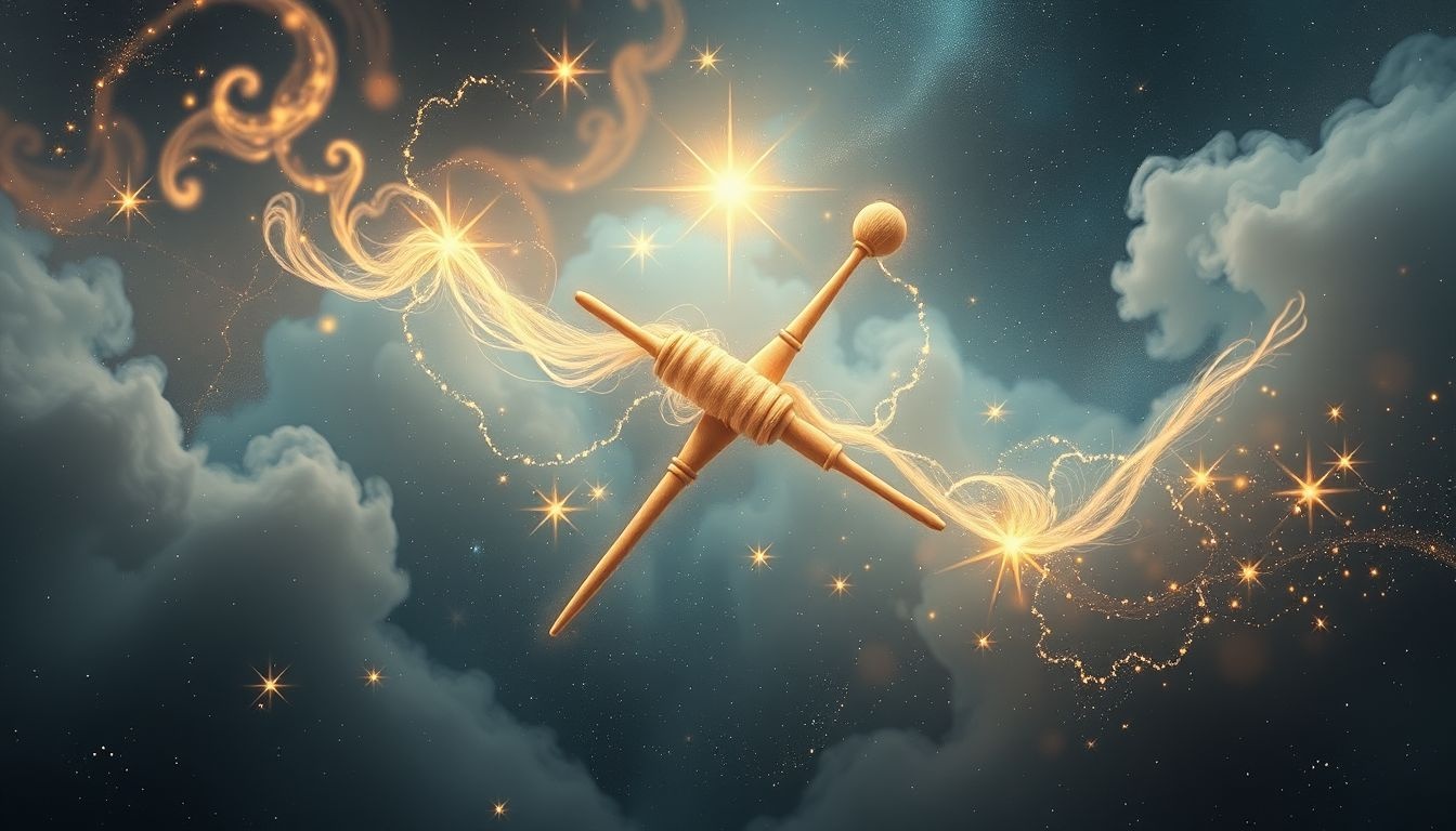 La quenouille et le fuseau symbolisent l'équilibre entre création et destinée.