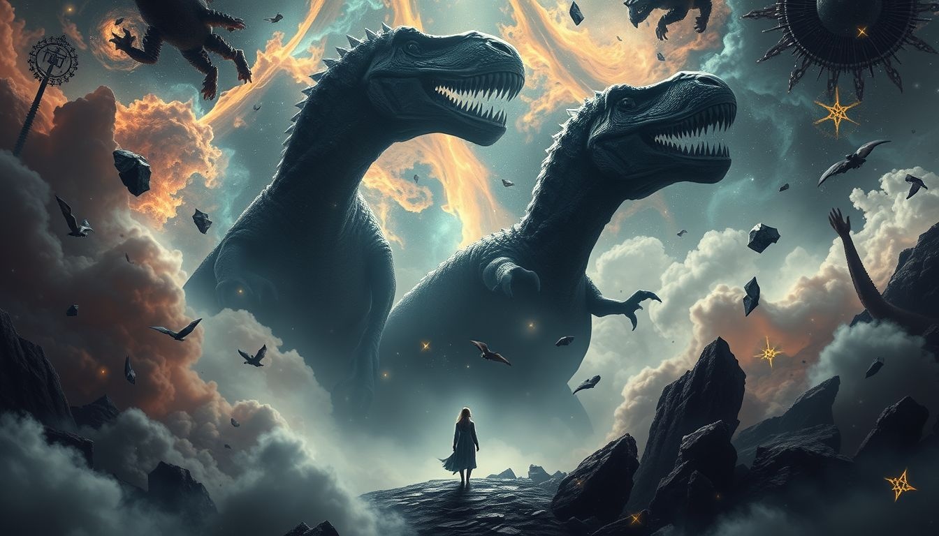 Rêver de combattre un dinosaure symbolise la lutte intérieure intense.