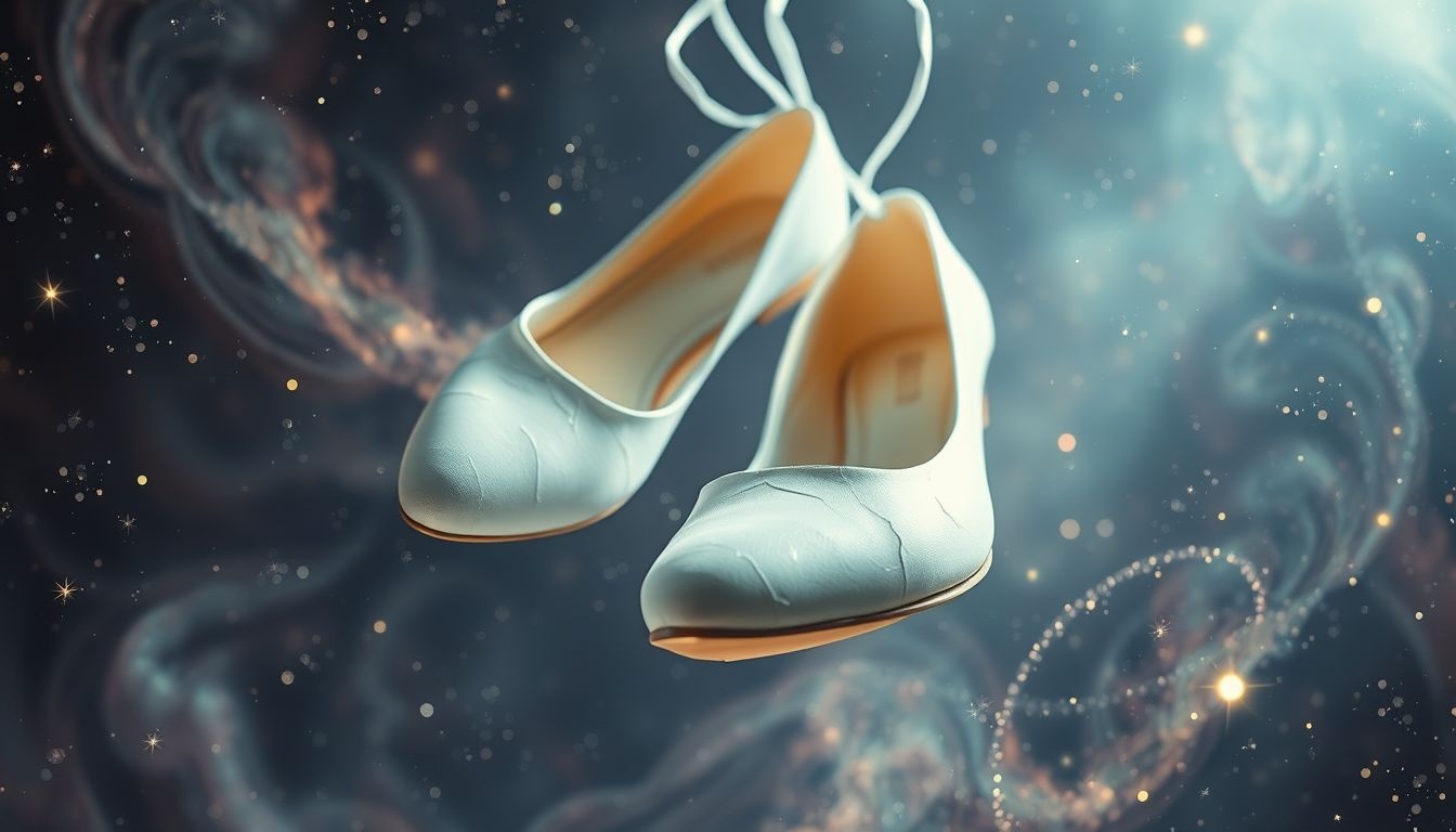 Des chaussures de mariée sales symbolisent l'angoisse de l'imperfection nuptiale.