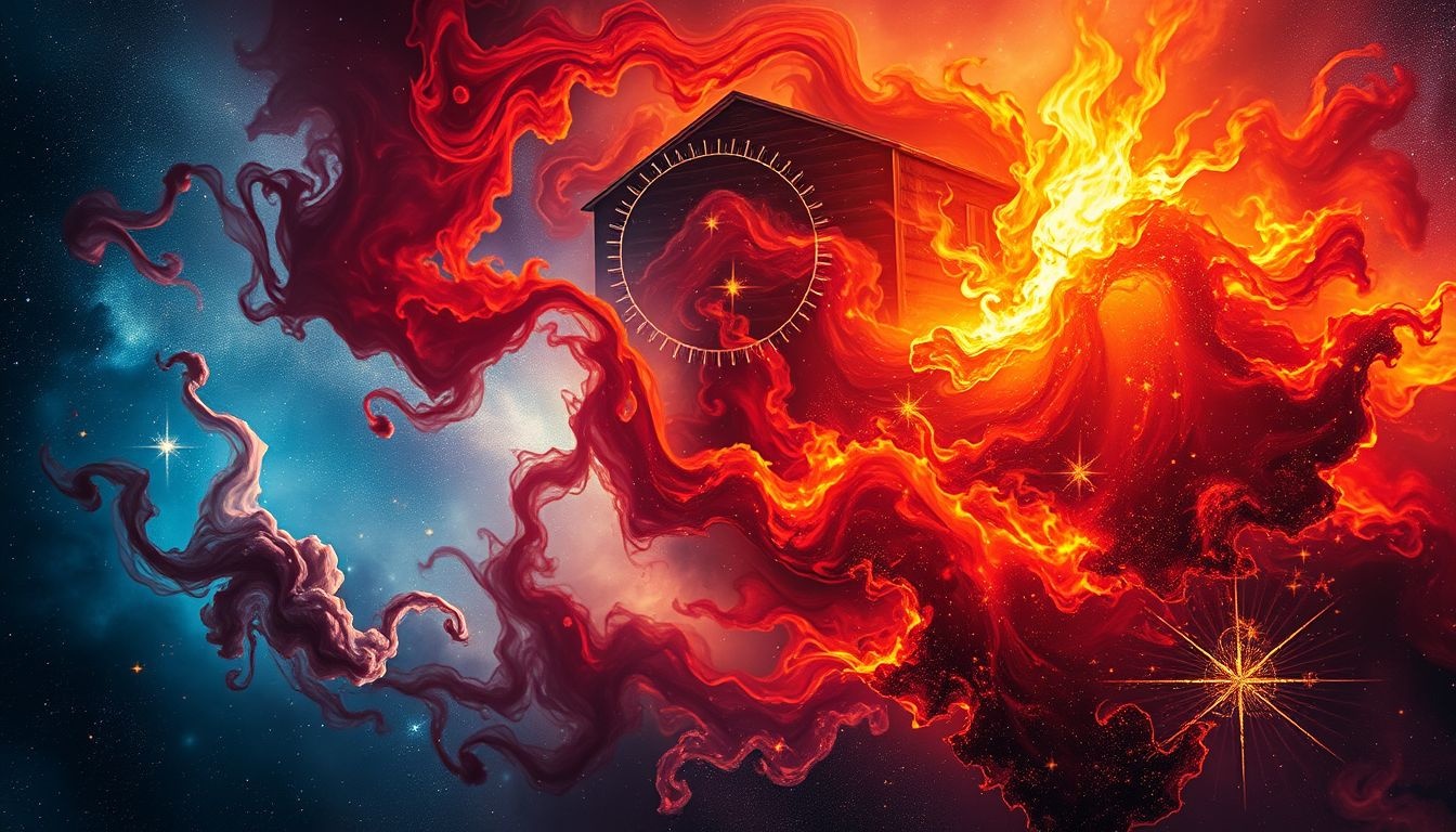 La maison en feu symbolise souvent colère et transformation intérieure intense.