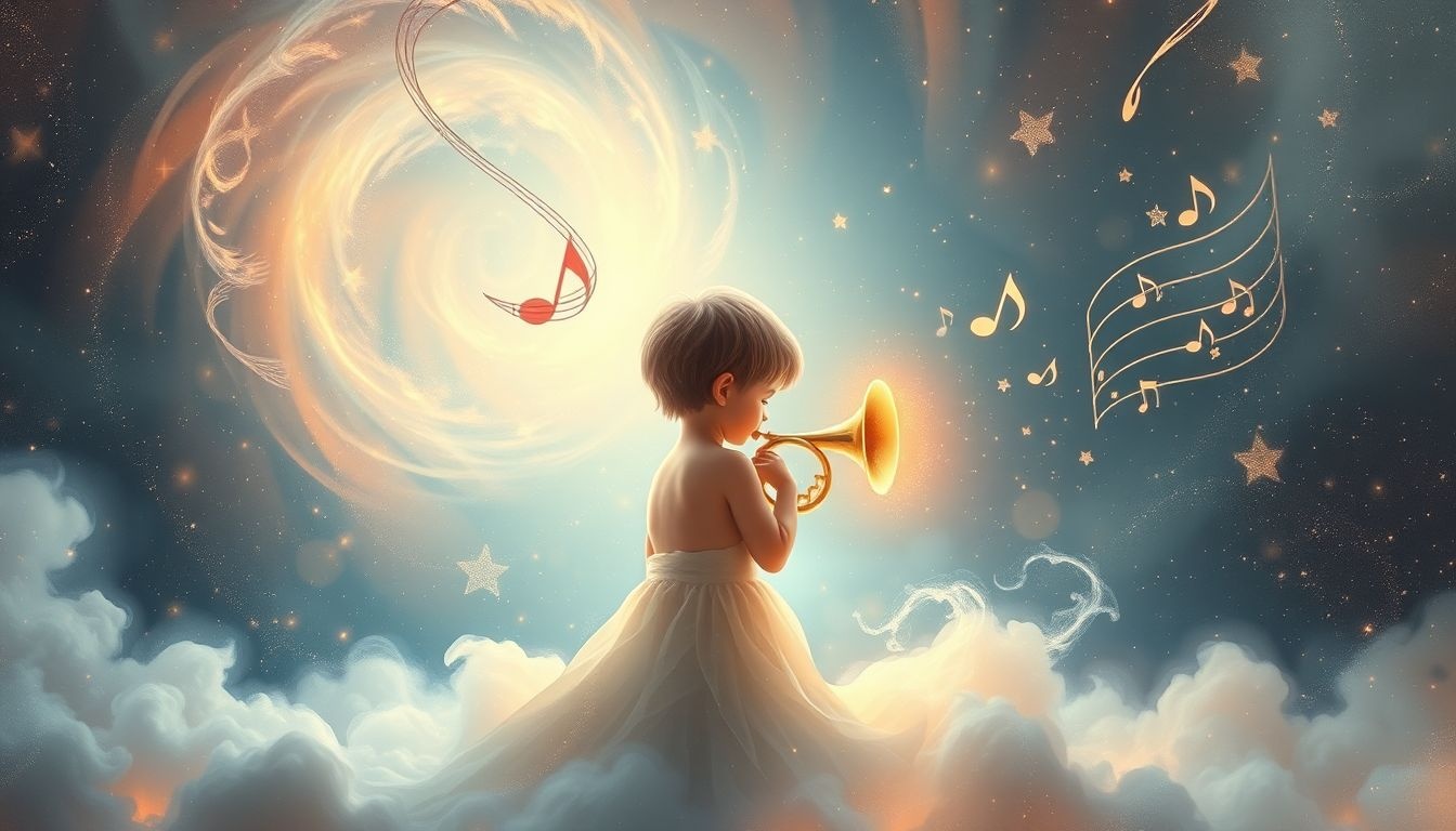 Un enfant jouant du clairon symbolise l'innocence et l'espoir.
