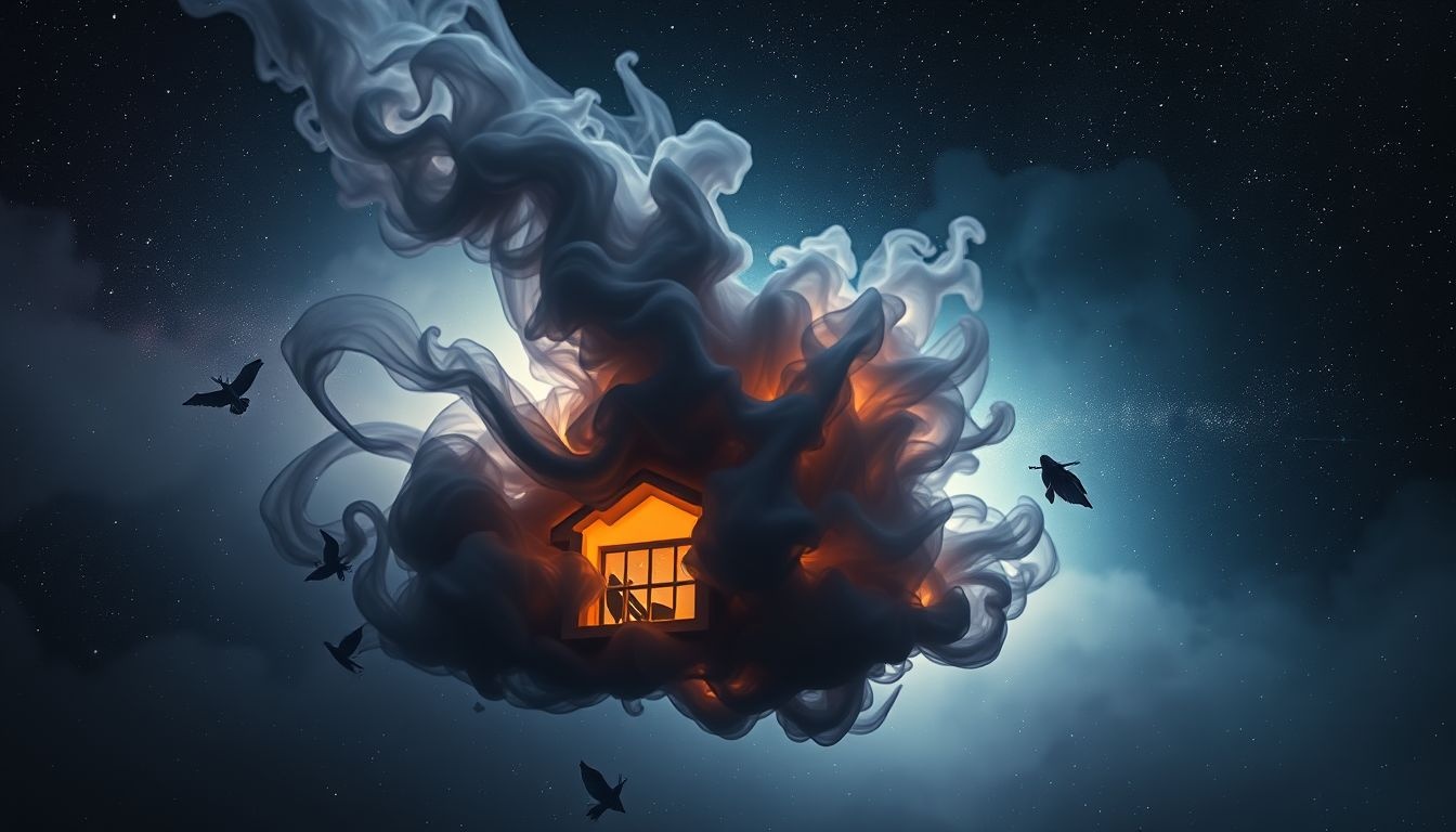 Une maison en feu symbolise souvent une transformation intérieure intense.