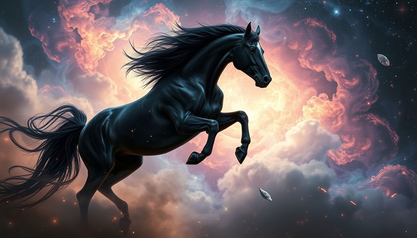 Le cheval noir symbolise une force mystérieuse et indomptable en rêve.