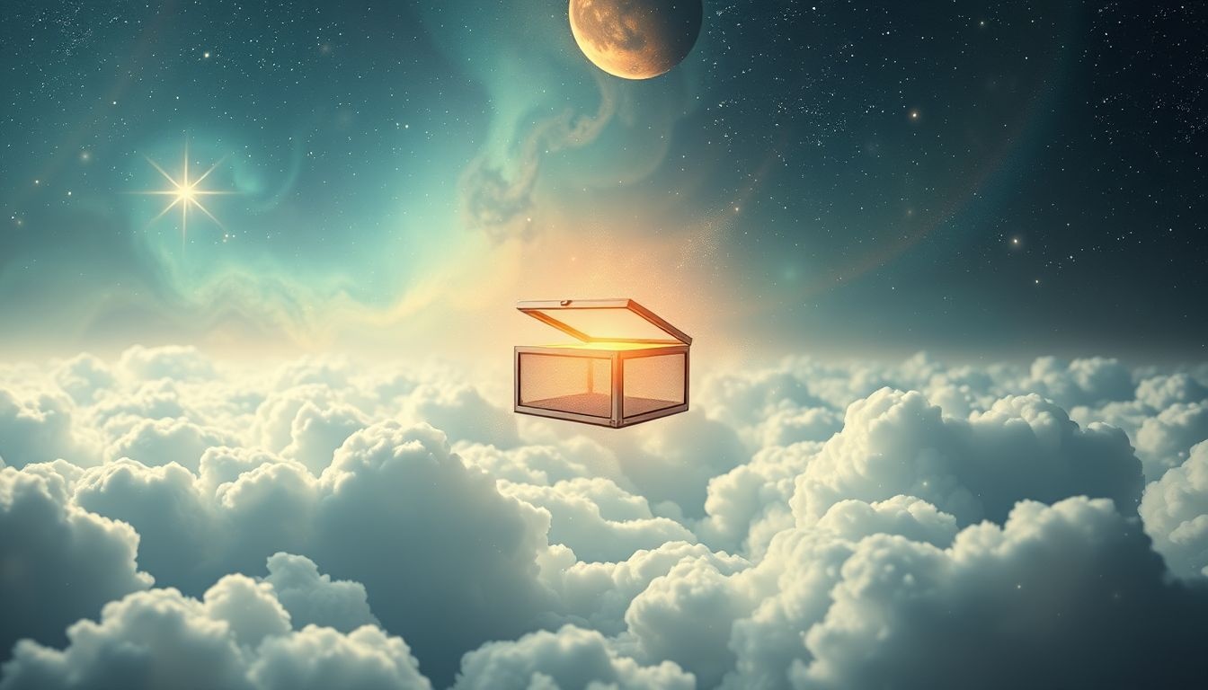 Un écrin volant symbolise l'élévation des trésors intérieurs.